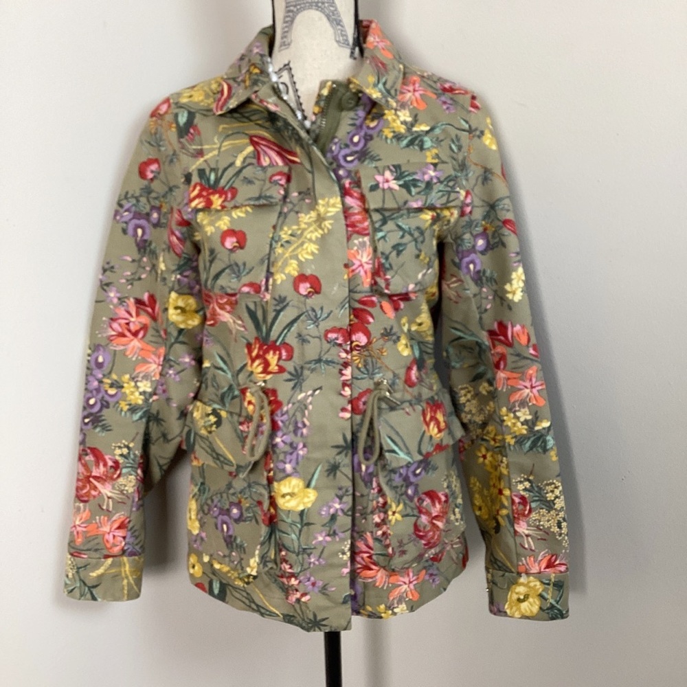 H&M Women’s Olive Green Floral Cargo Utility Jacket Full Zip & Button